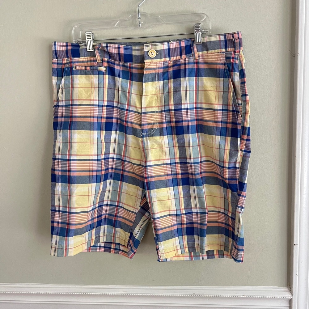 Islandia Plaid Shorts Mens 40 Flat Front Madras Blue Yellow Pink Preppy Summer